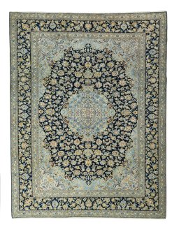 Full view of 2000s Kashan rug from Iran / Persia, 406 × 310 cm in Blue tones