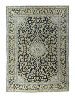 Full view of 2000s Kashan rug from Iran / Persia, 405 × 295 cm in Blue tones