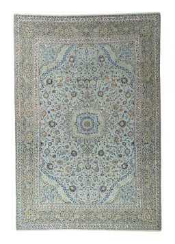 Full view of 2000s Kashan rug from Iran / Persia, 428 × 295 cm in Blue tones