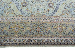 Full view of 2000s Kashan rug from Iran / Persia, 428 × 295 cm in Blue tones