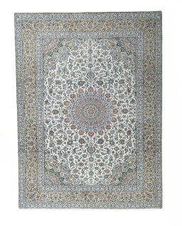 Full view of 2000s Kashan rug from Iran / Persia, 400 × 295 cm in Beige tones