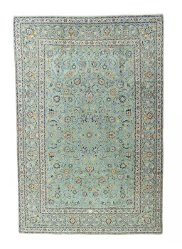 Full view of 2000s Kashan rug from Iran / Persia, 400 × 267 cm in Green tones