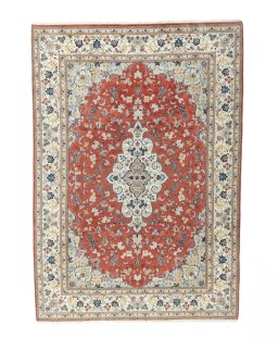 Full view of New Kashan rug from Iran / Persia, 347 × 244 cm in Red tones