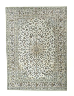 Full view of 2000s Kashan rug from Iran / Persia, 404 × 290 cm in Beige tones