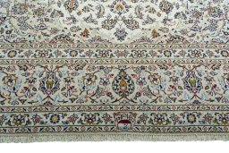 Full view of 2000s Kashan rug from Iran / Persia, 404 × 290 cm in Beige tones
