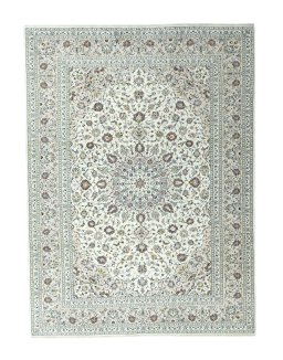 Full view of 2000s Kashan rug from Iran / Persia, 342 × 253 cm in Beige tones