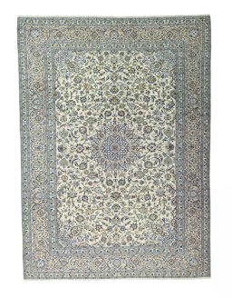 Full view of 2000s Kashan rug from Iran / Persia, 394 × 290 cm in Beige tones
