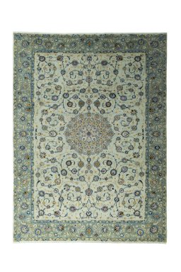 Full view of 2000s Kashan rug from Iran / Persia, 405 × 306 cm in Green tones