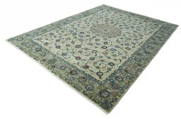 Corner detail of 2000s Kashan rug showing border pattern and Wool pile