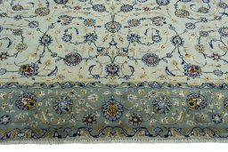 Full view of 2000s Kashan rug from Iran / Persia, 405 × 306 cm in Green tones