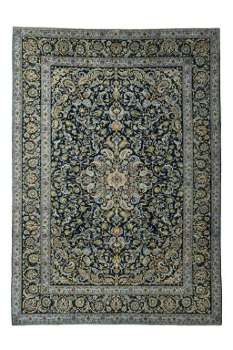 Full view of 2000s Kashan rug from Iran / Persia, 386 × 275 cm in Blue tones