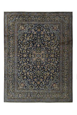 Full view of 2000s Kashan rug from Iran / Persia, 394 × 297 cm in Blue tones