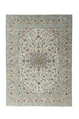 Full view of 2000s Kashan rug from Iran / Persia, 342 × 250 cm in Beige tones