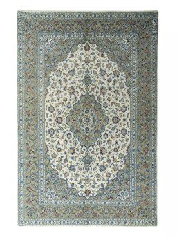 Full view of New Kashan rug from Iran / Persia, 307 × 203 cm in Beige tones