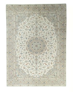 Full view of New Kashan rug from Iran / Persia, 406 × 297 cm in Beige tones