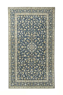 Full view of 1970s Kashan rug from Iran / Persia, 535 × 305 cm in Blue tones