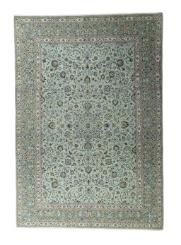 Full view of 2000s Kashan rug from Iran / Persia, 428 × 297 cm in Green tones