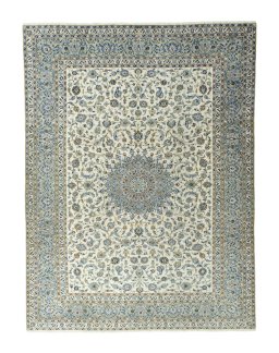 Full view of 2000s Kashan rug from Iran / Persia, 402 × 305 cm in Beige tones