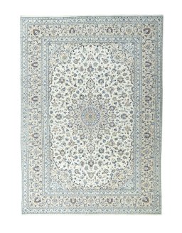 Full view of 2000s Kashan rug from Iran / Persia, 403 × 289 cm in Beige tones