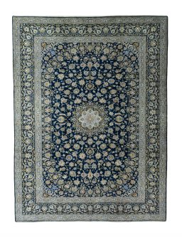 Full view of 2000s Kashan rug from Iran / Persia, 401 × 303 cm in Blue tones