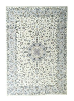 Full view of New Kashan rug from Iran / Persia, 350 × 245 cm in Beige tones