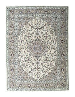 Full view of 2000s Kashan rug from Iran / Persia, 396 × 294 cm in Beige tones