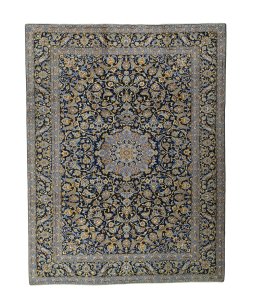 Full view of 2000s Kashan rug from Iran / Persia, 411 × 318 cm in Blue tones