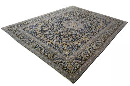 Corner detail of 2000s Kashan rug showing border pattern and Wool pile