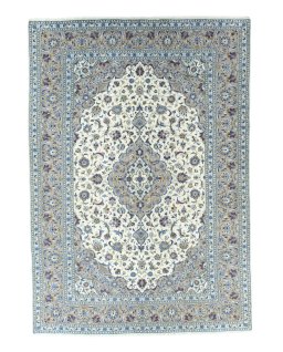 Full view of 2000s Kashan rug from Iran / Persia, 345 × 242 cm in Beige tones