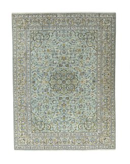 Full view of 2000s Kashan rug from Iran / Persia, 391 × 293 cm in Green tones