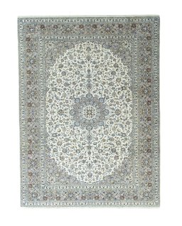 Full view of 2000s Kashan rug from Iran / Persia, 395 × 295 cm in Beige tones