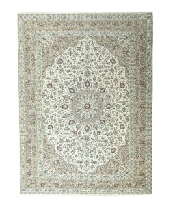 Full view of 2000s Kashan rug from Iran / Persia, 400 × 297 cm in Beige tones