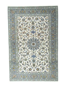 Full view of 2000s Kashan rug from Iran / Persia, 297 × 197 cm in Beige tones