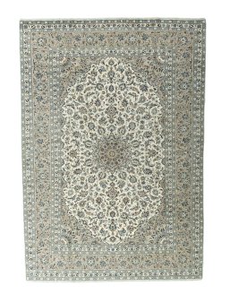 Full view of 2000s Kashan rug from Iran / Persia, 353 × 246 cm in Beige tones