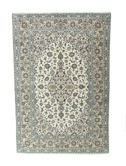 Full view of 2000s Kashan rug from Iran / Persia, 295 × 200 cm in Beige tones