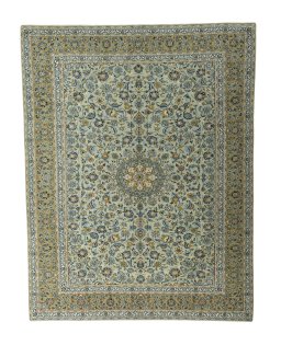 Full view of 2000s Kashan rug from Iran / Persia, 400 × 314 cm in Green tones