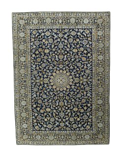 Full view of 2000s Kashan rug from Iran / Persia, 324 × 233 cm in Blue tones
