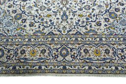 Full view of 2000s Kashan rug from Iran / Persia, 406 × 295 cm in Beige tones