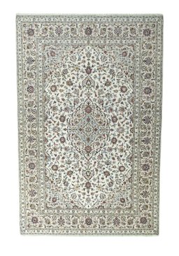 Full view of 2000s Kashan rug from Iran / Persia, 305 × 200 cm in Beige tones