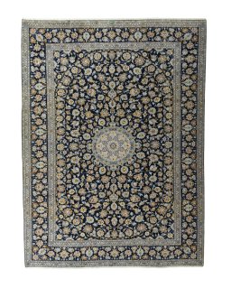 Full view of 2000s Kashan rug from Iran / Persia, 395 × 293 cm in Blue tones
