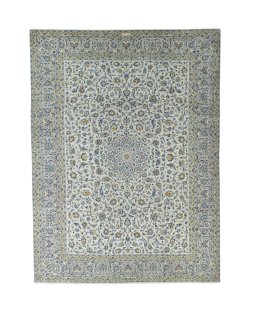 Full view of 2000s Kashan rug from Iran / Persia, 408 × 304 cm in Green tones