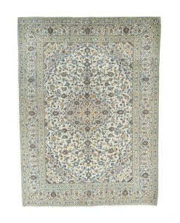 Full view of 2000s Kashan rug from Iran / Persia, 405 × 300 cm in Beige tones