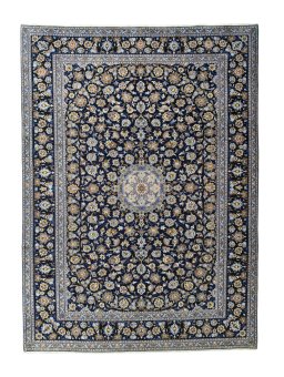 Full view of 2000s Kashan rug from Iran / Persia, 413 × 302 cm in Blue tones