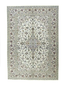 Full view of 2000s Kashan rug from Iran / Persia, 295 × 207 cm in Beige tones