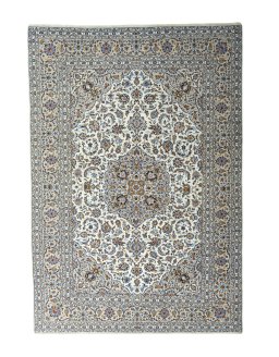 Full view of 2000s Kashan rug from Iran / Persia, 365 × 252 cm in Beige tones