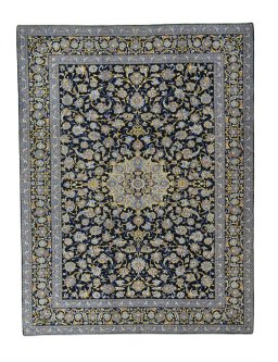Full view of 2000s Kashan rug from Iran / Persia, 427 × 326 cm in Blue tones