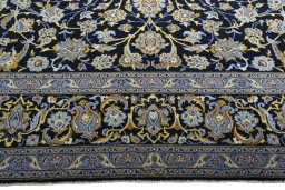Full view of 2000s Kashan rug from Iran / Persia, 427 × 326 cm in Blue tones