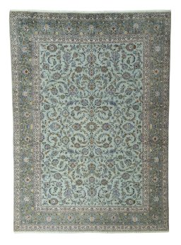 Full view of 1970s Kashan rug from Iran / Persia, 418 × 302 cm in Blue tones