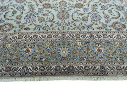 Full view of 1970s Kashan rug from Iran / Persia, 418 × 302 cm in Blue tones