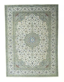 Full view of 2000s Kashan rug from Iran / Persia, 400 × 295 cm in Beige tones